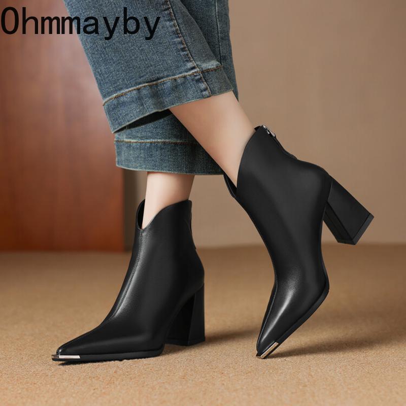 Design Metal Pointed Toe Women Ankle Boot Fashion Thick Heels Shoes  Spring Ladies Short Booties