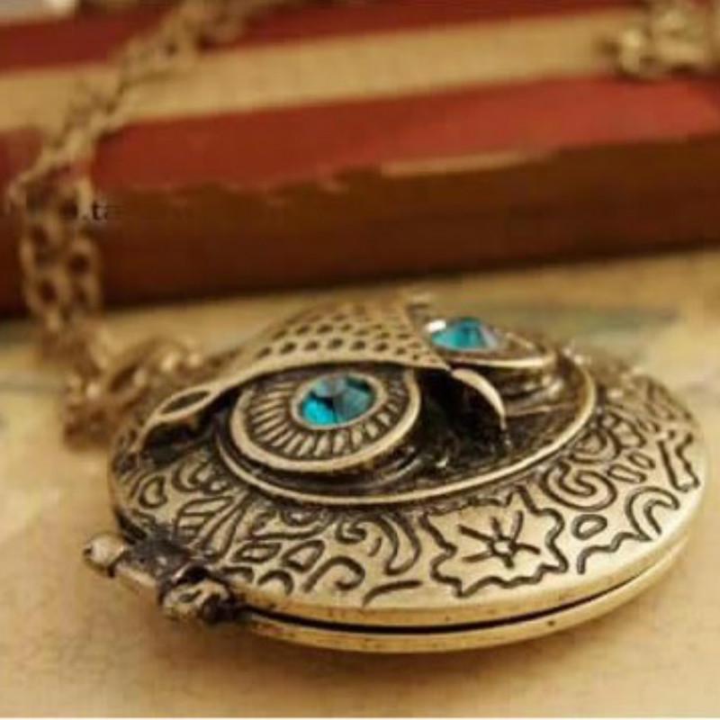 Women Blue Eyes Necklace Vintage Owl Long Necklace Phase Box Sweater Chain Jewelry