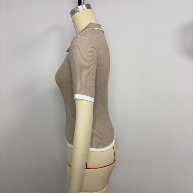 Women S Fitted Ribbed Turn Down Collar Knit Top 3 4 Sleeve