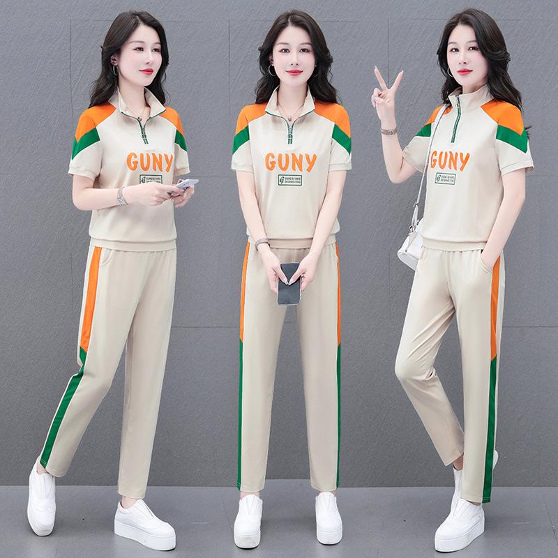 

Стильный женский летний костюм-двойка с короткими рукавами и длинными брюками - воротник-стойка, свободный крой для женщин среднего и пожилого возраста 3XL (fits 70-77 kg) абрикосовый