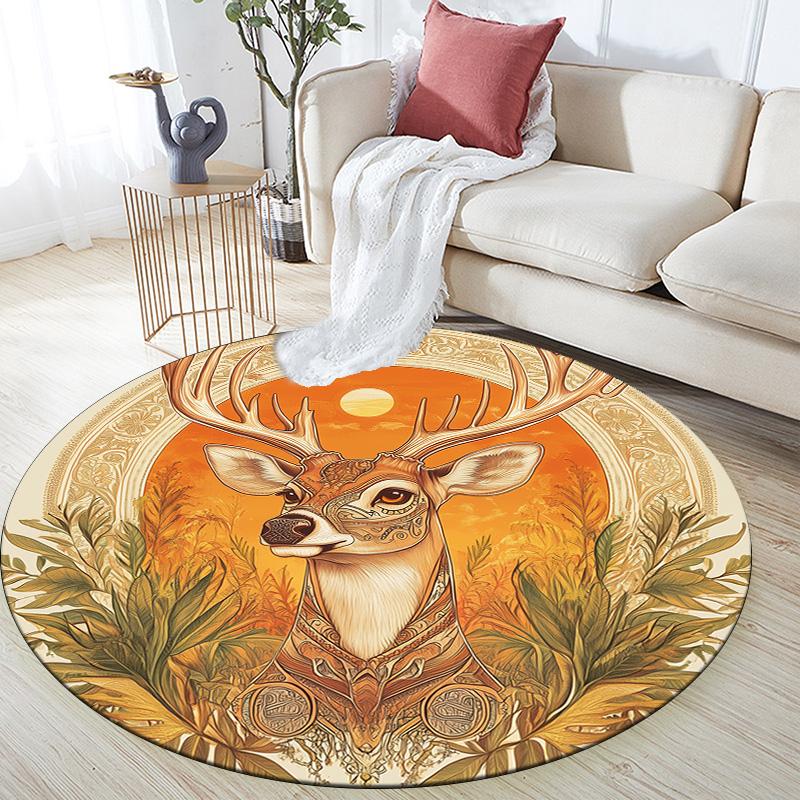 Vintage Sunset Deer Head,Round Area Rug,Carpet Rug for Living Room Bedroom Sofa Playroom Decor,Non-slip Floor Mat