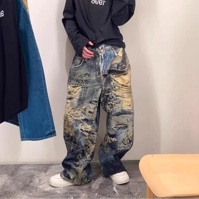 High Street Wind Destruction Retro Graffiti Jeans Men's and Women's Spring and Summer 3D Printing Washed Street Wide-leg Trousers