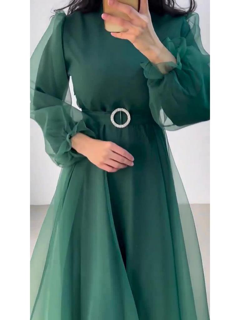 2024 Elegantes Damenkleid mit hohem Halsausschnitt, Netzstoff, schlankmachend, Laternenärmel