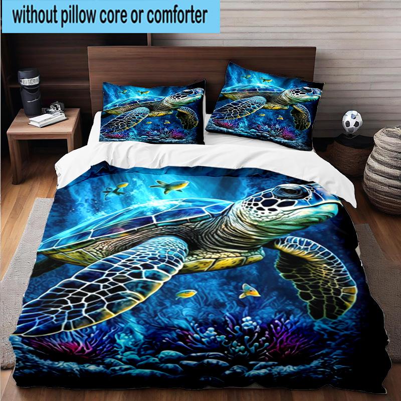 Cartoon Sea Turtle Artwork 3pcs Bedding,Including 1pc Duvet Cover And 2pcs Pillowcases Perfect for Christmas,Ideal for Bedroom, Dormitory