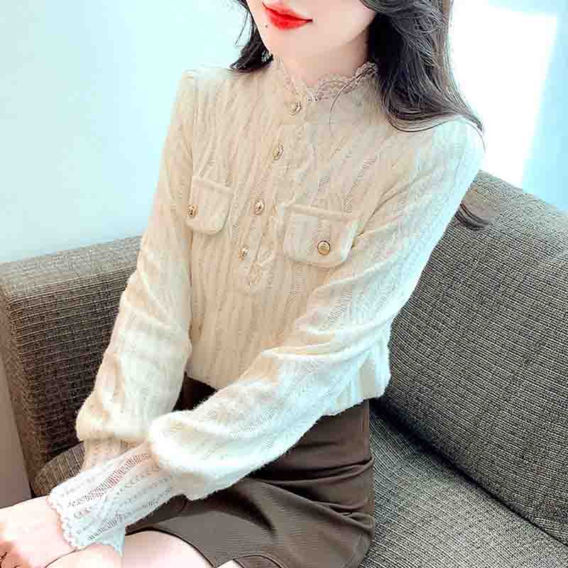 Móda Nová 2024 Zima Dlouhý Rukáv Stojáček Slim Meruňková Sametová Krajková Halenka Košile Dámské Topy Halenky Košile J803