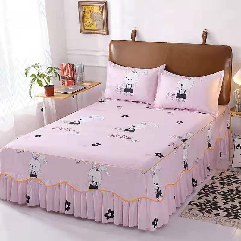 Fashion Soft Sanding Bedspread Anti-skip Wedding Bed skirt Queen King Size No Pilling Fitted Sheet Cover Double Layer Bed Cover
