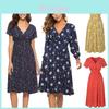 Women Neck V Boho Floral Midi Dress Short Sleeve Summer Beach Sundress Casual
