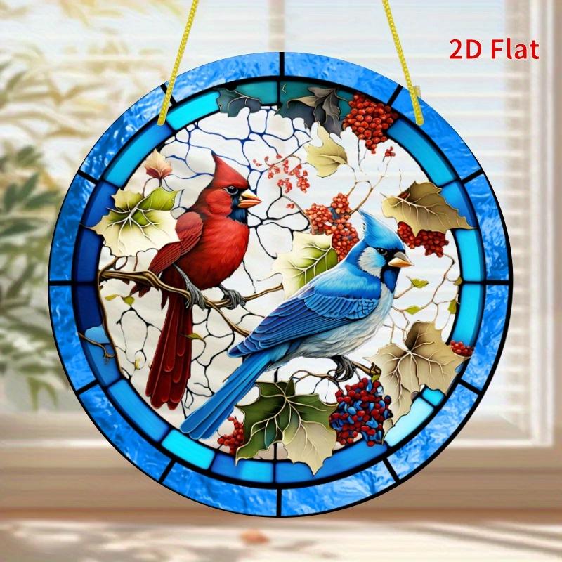 2D Flat Cardinal & Bluebird Stained Glass Decoration Sign, Autumn Leaves & Berries Design, Home Decor Plaque Hanging Wall Art Decorative Garden Decora