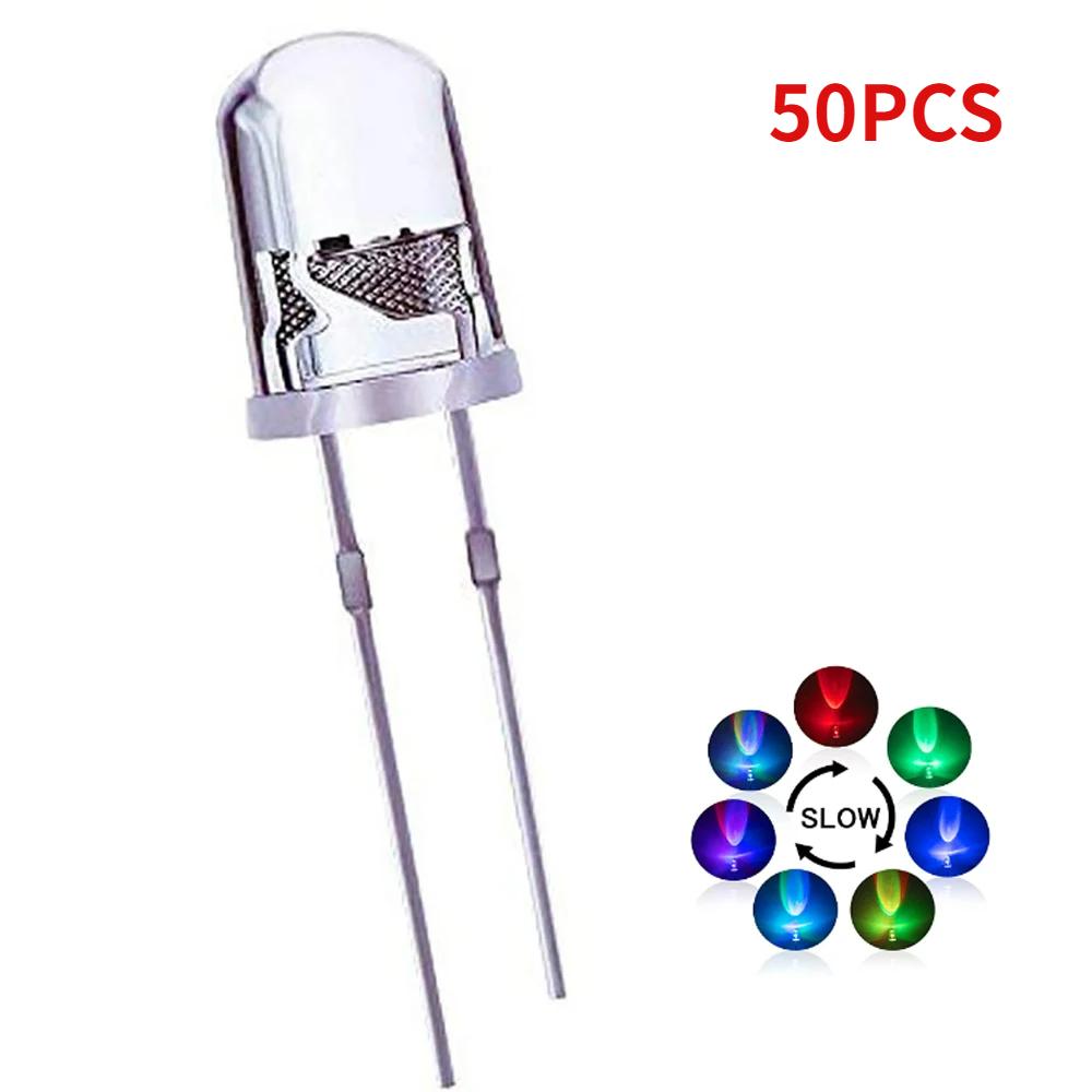 50/100pcs 5mm Multicolor Slow/Fast Flashing LED Diode Transparent Round Full Color LED Blinking Light Emitting Diodes Kit 2 Pins