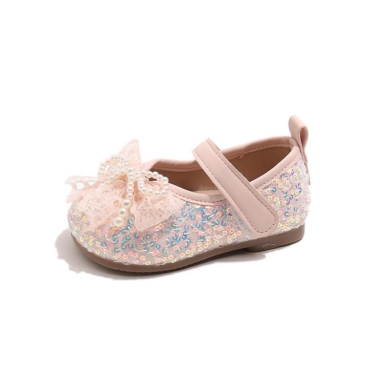 Girls Leather Shoes Pearl Bow Princess Shoes Baby Girl Shining One Year Old with Dress One Year Old 3 Baby Toddler Shoes