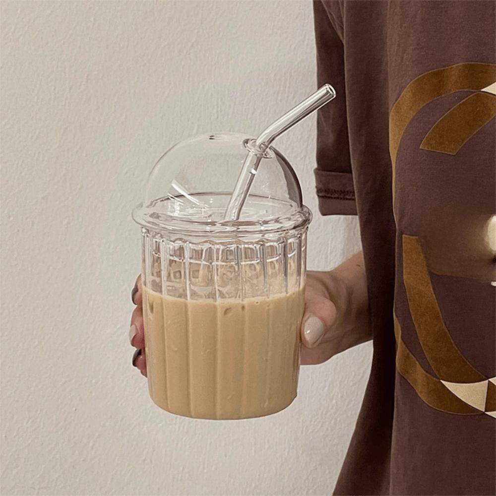 Clear Glass Straw Cup Dome Lid Drinking Cup Drinkware Milk Tea Cup  Coffee