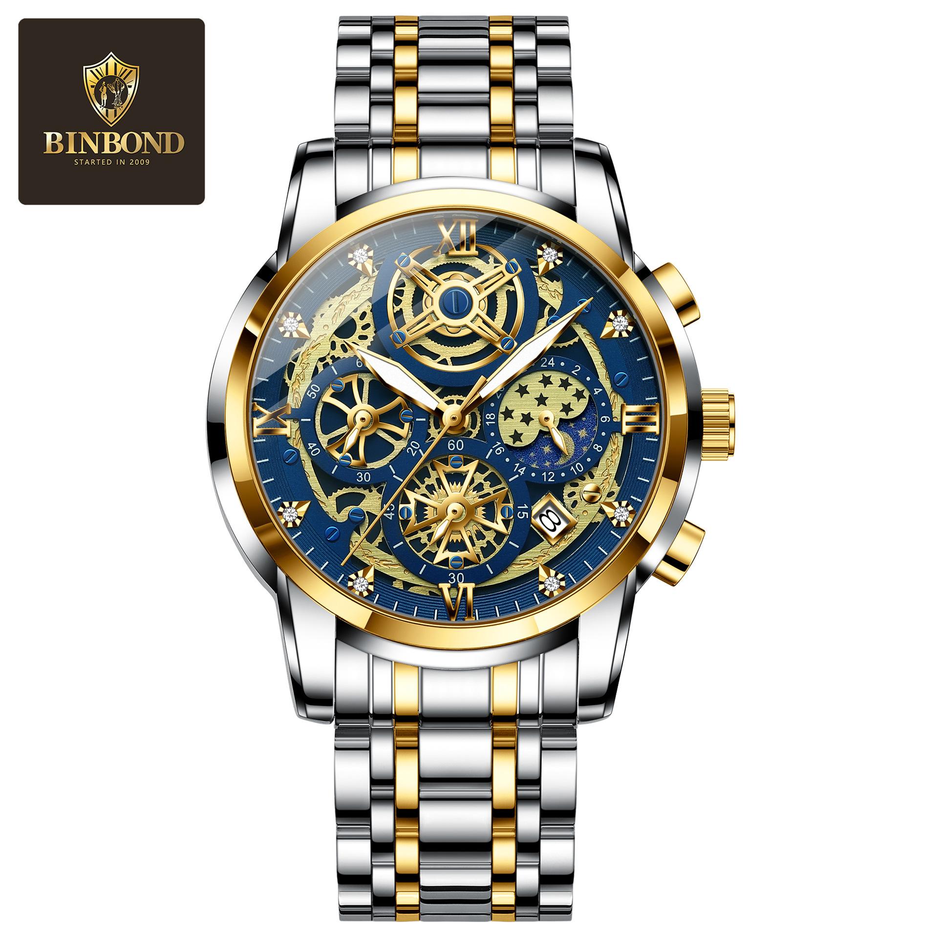 

BINBOND Luxury Man Watch Waterproof Luminous Chronograph Date Men Watch Stainless Steel Quartz Men s Watches золотой/синий