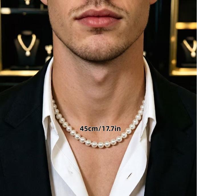 Men's Classic Elegant White Pearl Necklace - Versatile Accessory for Casual and Business Wear