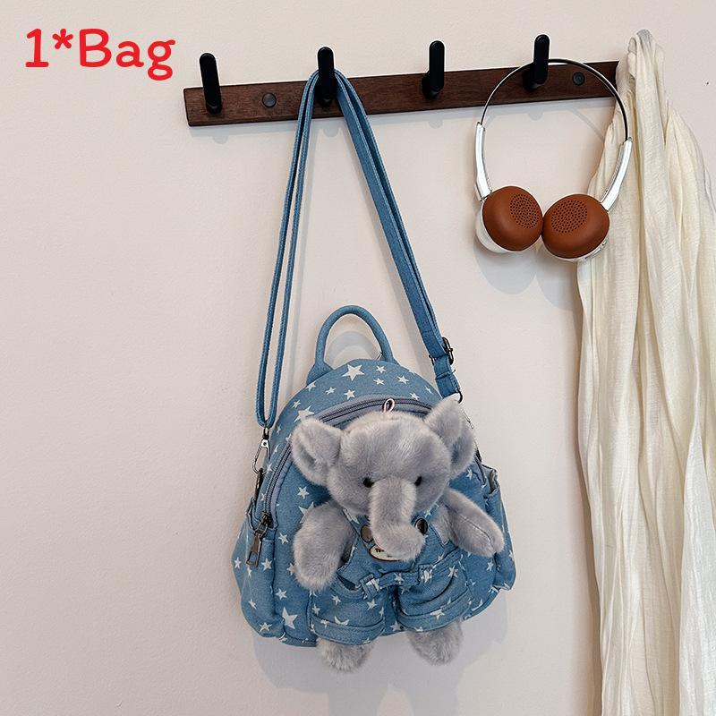 Cartoon Double Shoulder Backpack For Girls Kids Travel Lightweight Denim School Bag With Zipper Closure