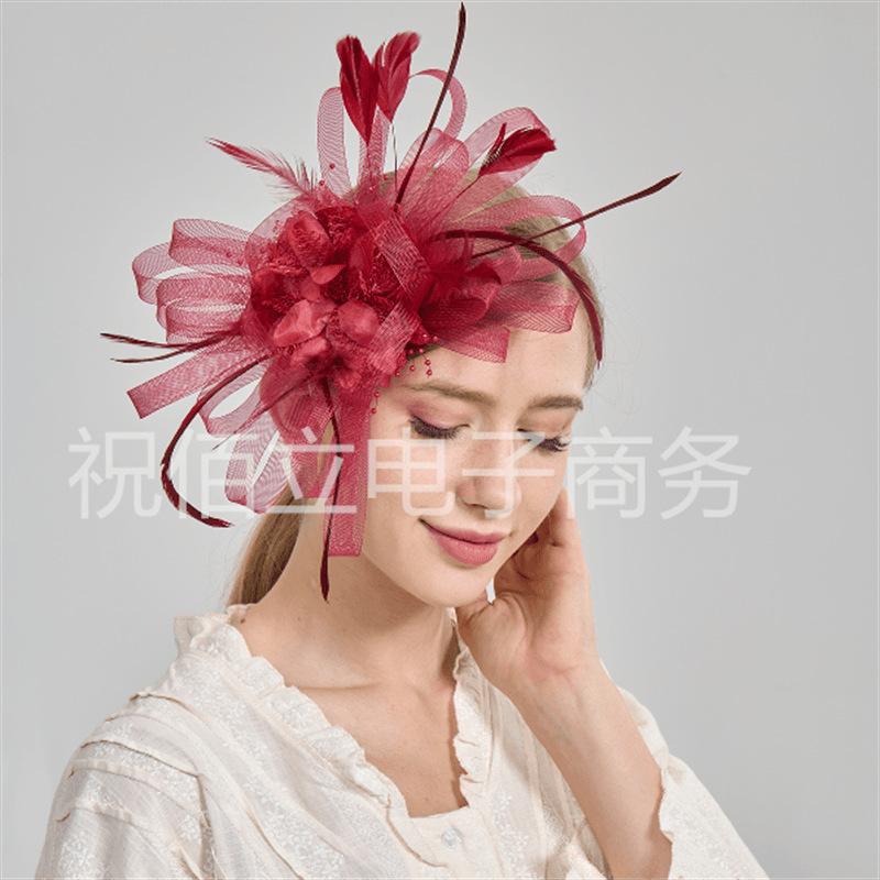 European and American feather headgear bridal hair accessories mesh yarn head flower top hat wedding decoration headgear head flower wholesale