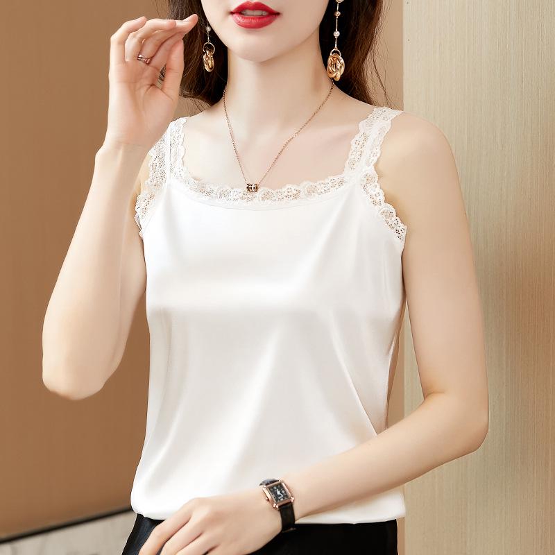 

Майка из ледяного шелка и атласа на бретелях-спагетти, женский летний костюм с блейзером, жилет M (45-52.5kg) белый