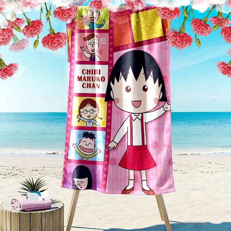 Chibi Maruko-chan Print Beach Towel, Large Soft Quick Dry Towel for Beach Camping Swimming