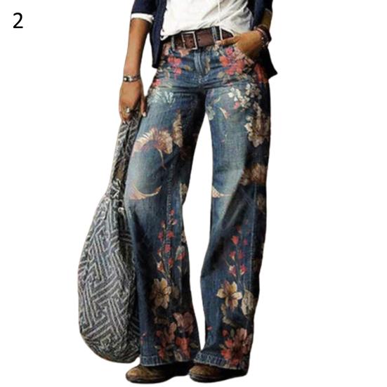 Damen Retro High Waist Wide Leg Floral Print Lange Lockere Jeans Hosen