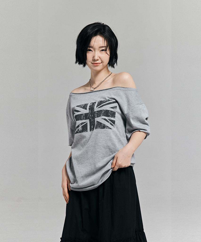 AWESOME STUDIO Union Jack One-Shoulder T-Shirt Melange Grey