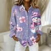 Women's Christmas Printed Button Up Long Sleeved Casual Regular Shirt With Collar Top
