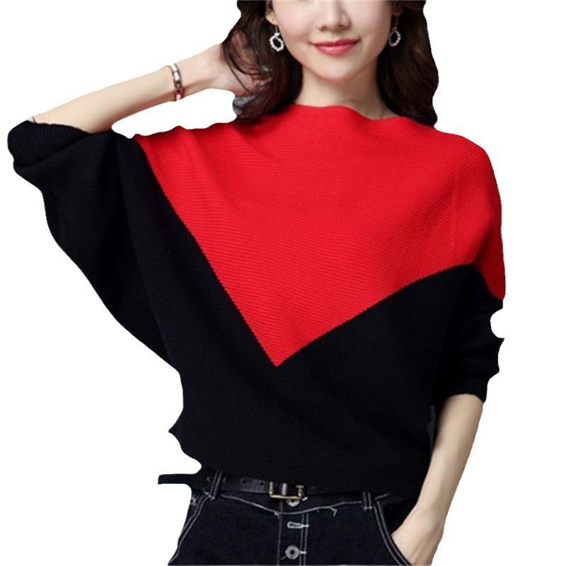 Design sense one-word neck knitted sweater women's long-sleeved fashion contrasting colors versatile loose bat-sleeved knitted sweater top women