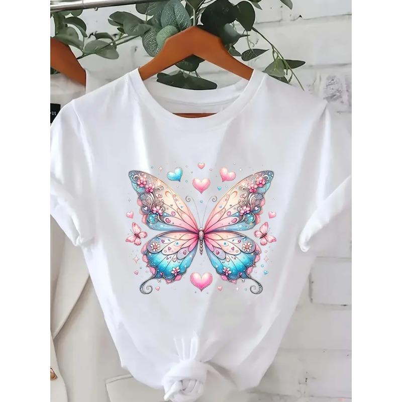 

Women S Plus Size Black T-Shirt with Pink & Blue Floral Butterfly Design - Casual Crew Neck, Short Sleeve S белый