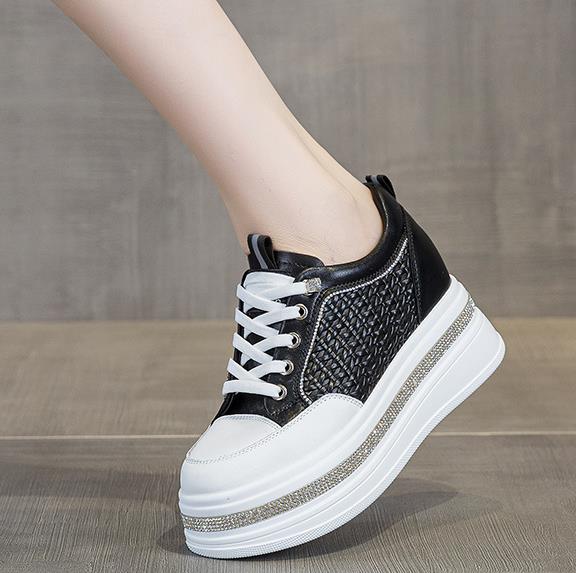 Fashion 7CM Heel Sneakers for Women Genuine Leather Platform Wedge Women Casual Shoes Women Bling Walking Shoes Fashion Sneakers Pumps