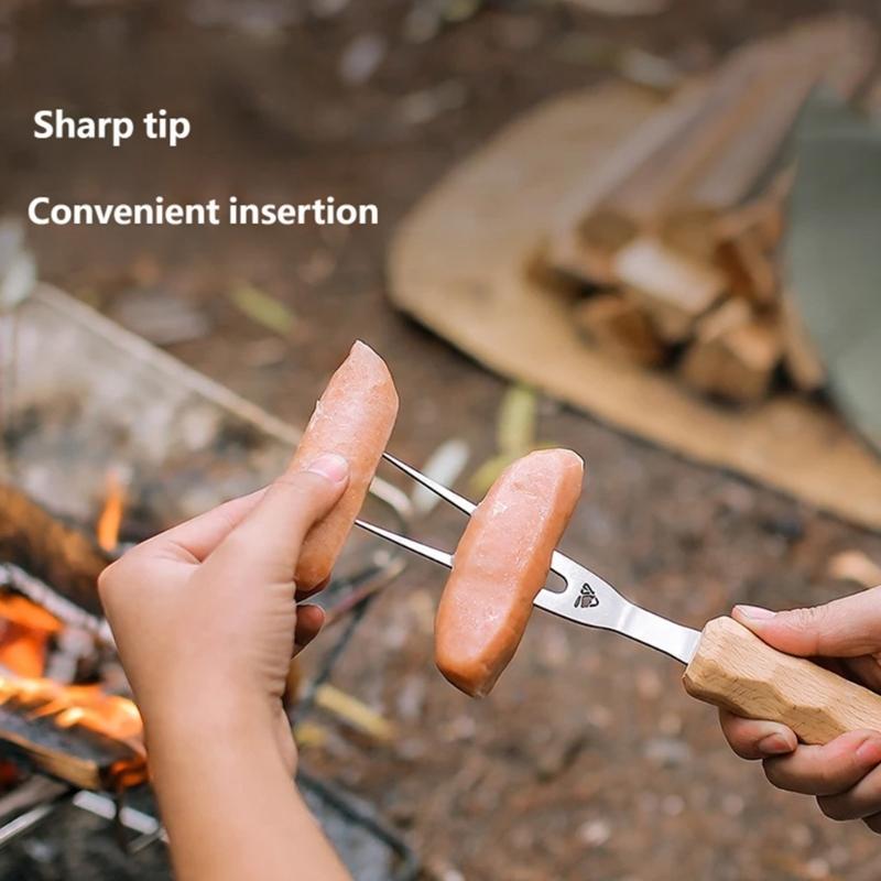 Metal Fork Head Barbecue Fork with Wooden Handle Twin-Tip Cooking Fork for Backyard Barbecue Meals and Kitchen Use
