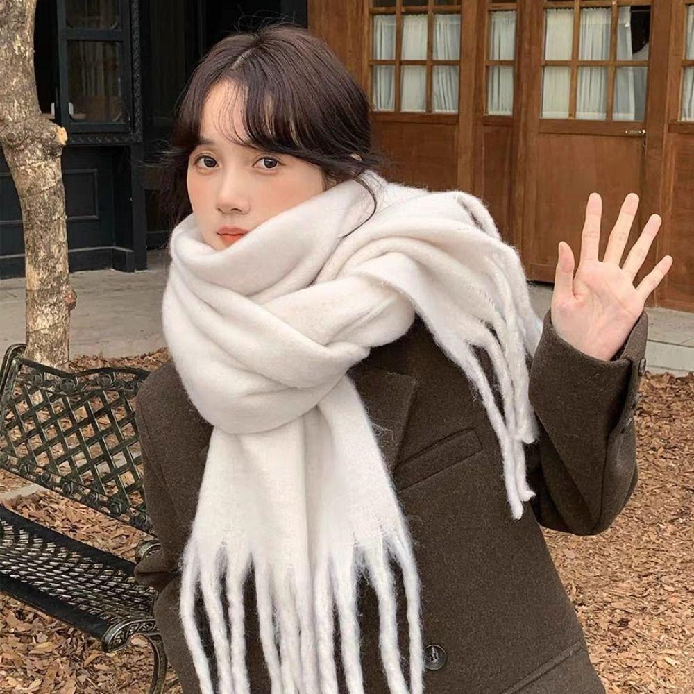 New Warm Winter Cashmere Scarf Soft Mohair Long Tassel Scarves Thickened Solid Color Shawl Wrap Women
