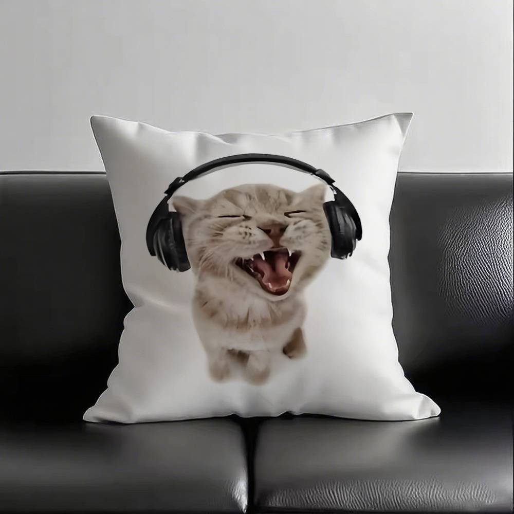 1pc Kitten With Headphones Pillow Case Square Bedroom Sofa Leisure Comfort Cushion Car Living Room Home Decoration