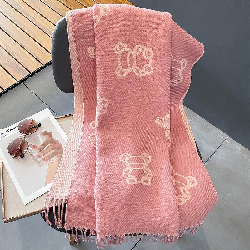 New Line Bear Imitation Cashmere Scarf for Women Korean Version Winter Cute All match Scarf To Keep Warm and Cold Plus Velvet Shawl