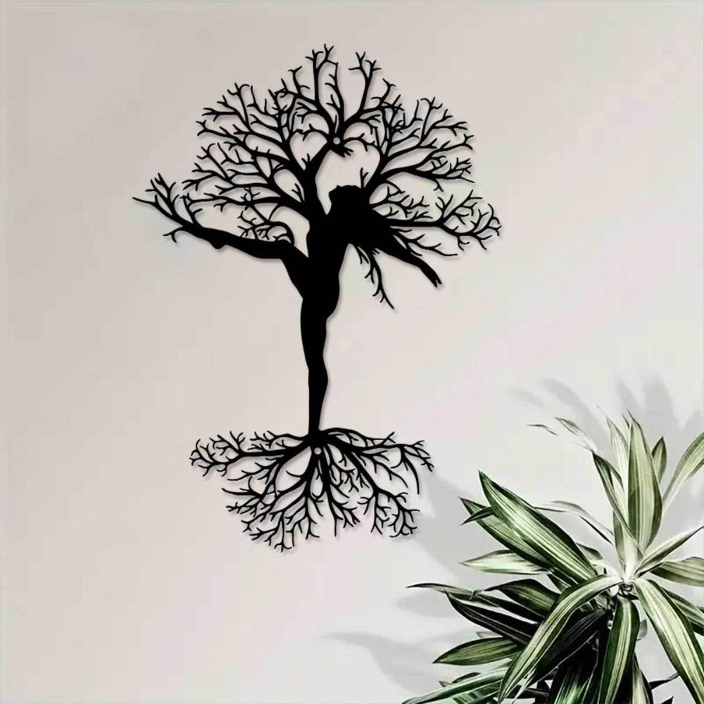 Metal Tree Wall Art Woman Sculpture 11.81 inch Indoor Outdoor Farmhouse Home Decor Living Room Office Patio Balcony Intricate Branch Design