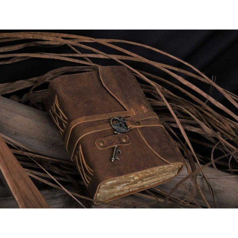 Deník Starožitný, ručně vyrobený, kožený vázaný žurnál s okrajem Papír 7, Hnědý kožený žurnál, Kožený diář - Zápisník