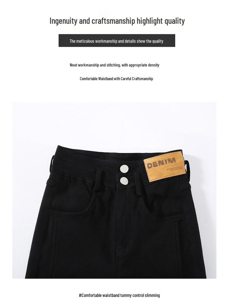 Women's Stretchy Black High-Waisted Split Denim Jeans, Slim Fit, Micro Flare, Petite-Friendly, Floor-Length, Straight-Leg with Good Drape