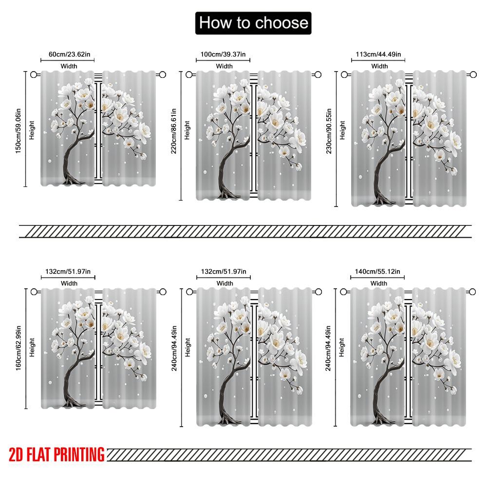 Set Of 2 Flat Printing Curtain White Flower Tree Protecting Privacy Birthday Party Use Room Parties Decor Polyester