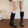 "Fried Street Babes!" Retro Polished Old Locomotive Boots Women's Thick Heel Medium Boots Tooling But Knee Boots