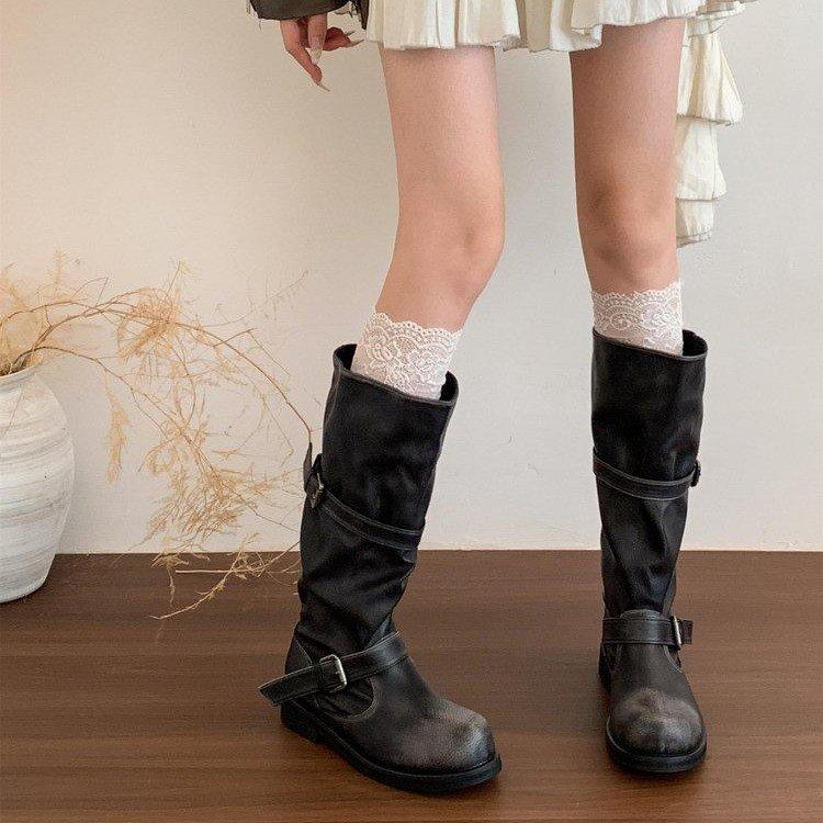 "Fried Street Babes!" Retro polished old locomotive boots women's thick heel medium boots tooling but knee boots