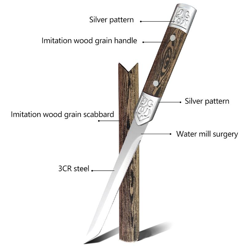 1 buc. Cuțit drept mic portabil de camping în aer liber, cuțit de fructe din oțel inoxidabil cu duritate ridicată, mâner din lemn imitație.