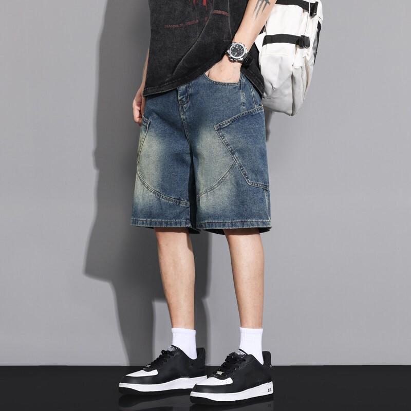 Men's Summer Relaxed Straight-Leg Denim Shorts Youth Cropped Shorts Washed Mid-Length Pants