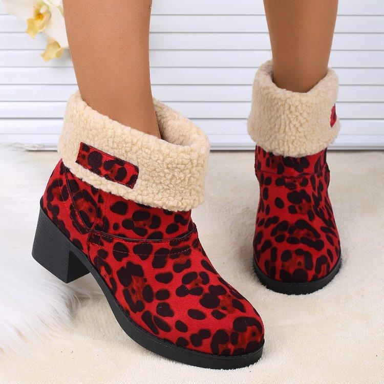 High Heel Coarse Heel Snow Boots Women's Autumn and Winter 2024 New Fleece Thickened Fleece Leopard Print Snow Boots Cotton Boots