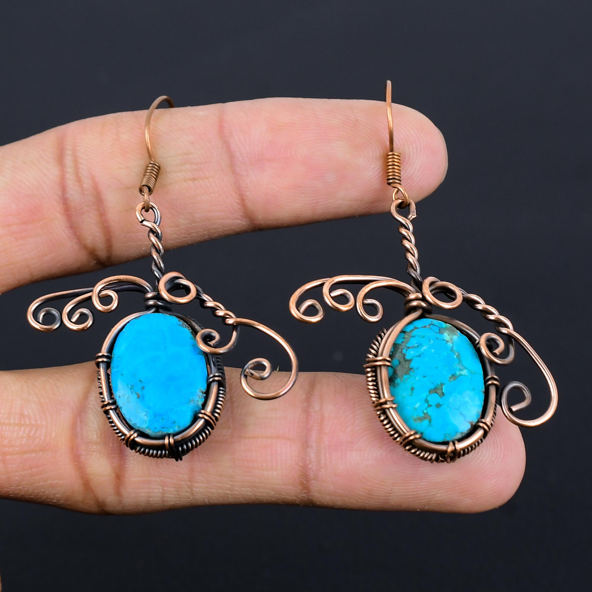 

Серьги с тибетской бирюзой, ювелирные изделия из драгоценных камней, серьги ручной работы, обернутые медной проволокой 999 пробы, ювелирные изделия новейшего дизайна 2.55 Inches