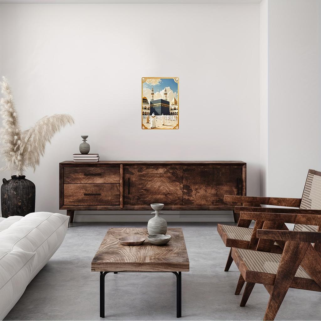 [Dayanıklı Yapı] Vintage Metal Teneke Tabela - Hacılar ve Altın Kubbeli İslami Cami Duvar Sanatı , İslami Ev Dekorasyonu