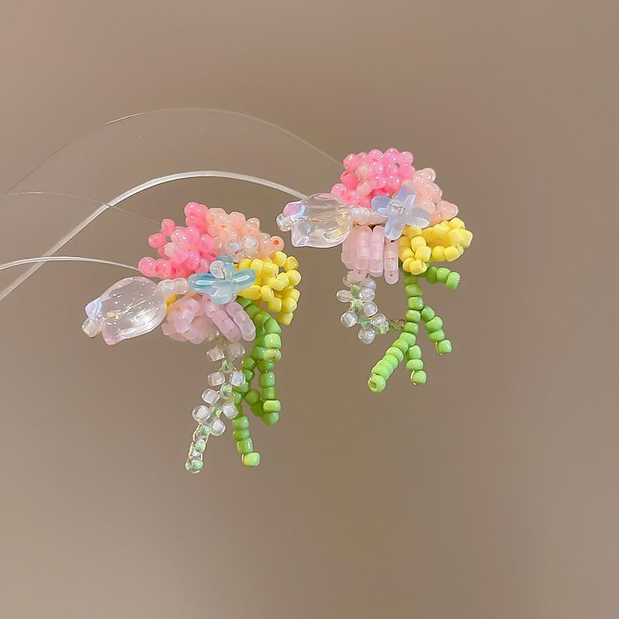 Silver Needle Pink Flower Fringed Vacation Style Earrings Summer Sweet Delicate Stud Earrings Small Fresh Design Earrings Women