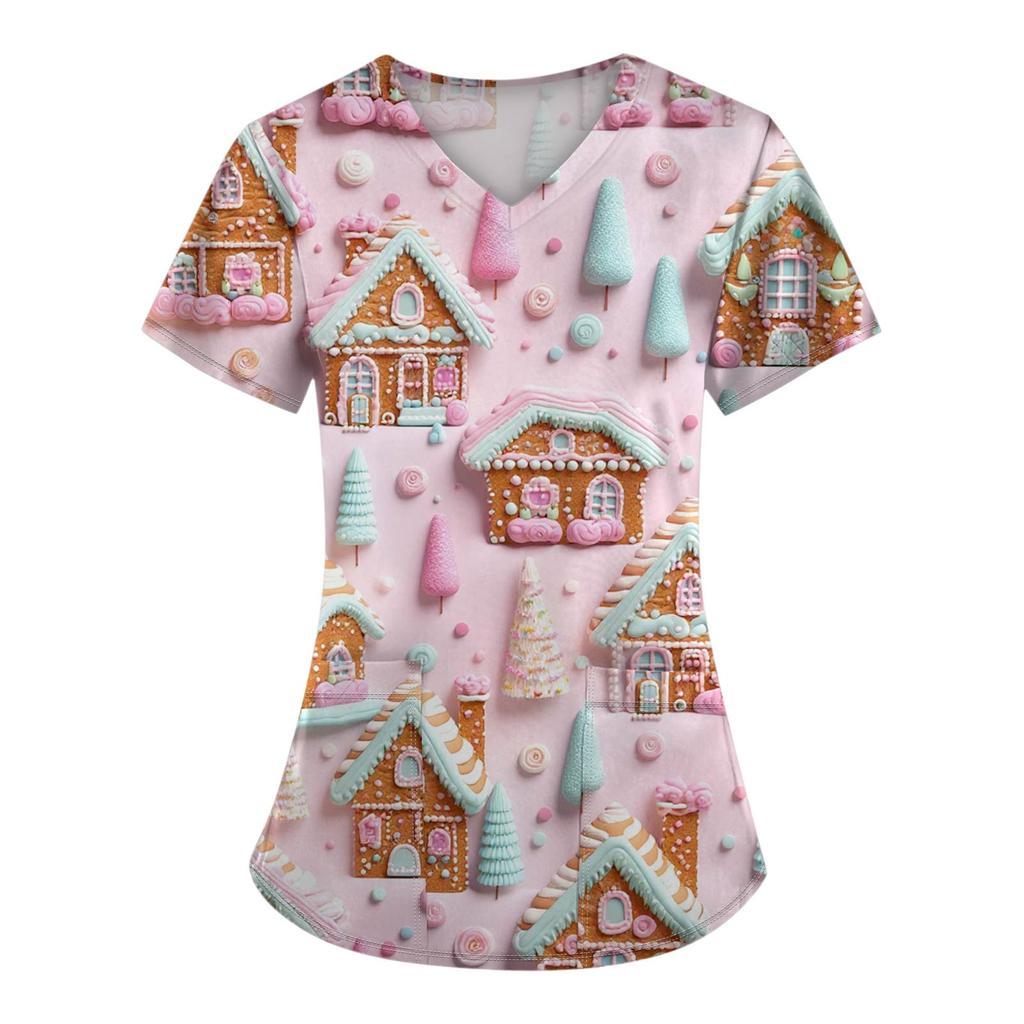 Women's Fashion Printed Short Sleeve V Neck Pattern Tops Pocket Working T-shirts