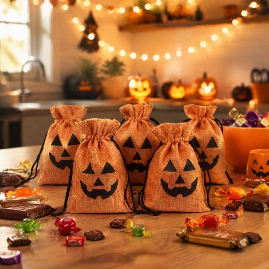 Portable Travel Organizers 5Pcs Halloween Burlap Drawstring Bags, Candy Treat Pouch for Party Favor, Bulk Containers Rustic Goodie Trick or
