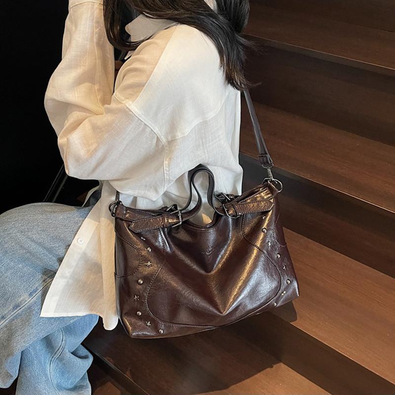 Women's Fashion Y2K Hot Girl Motorcycle Bag Vintage Solid Color Large Capacity Rivet Decor Shoulder Crossbody Bag CLE
