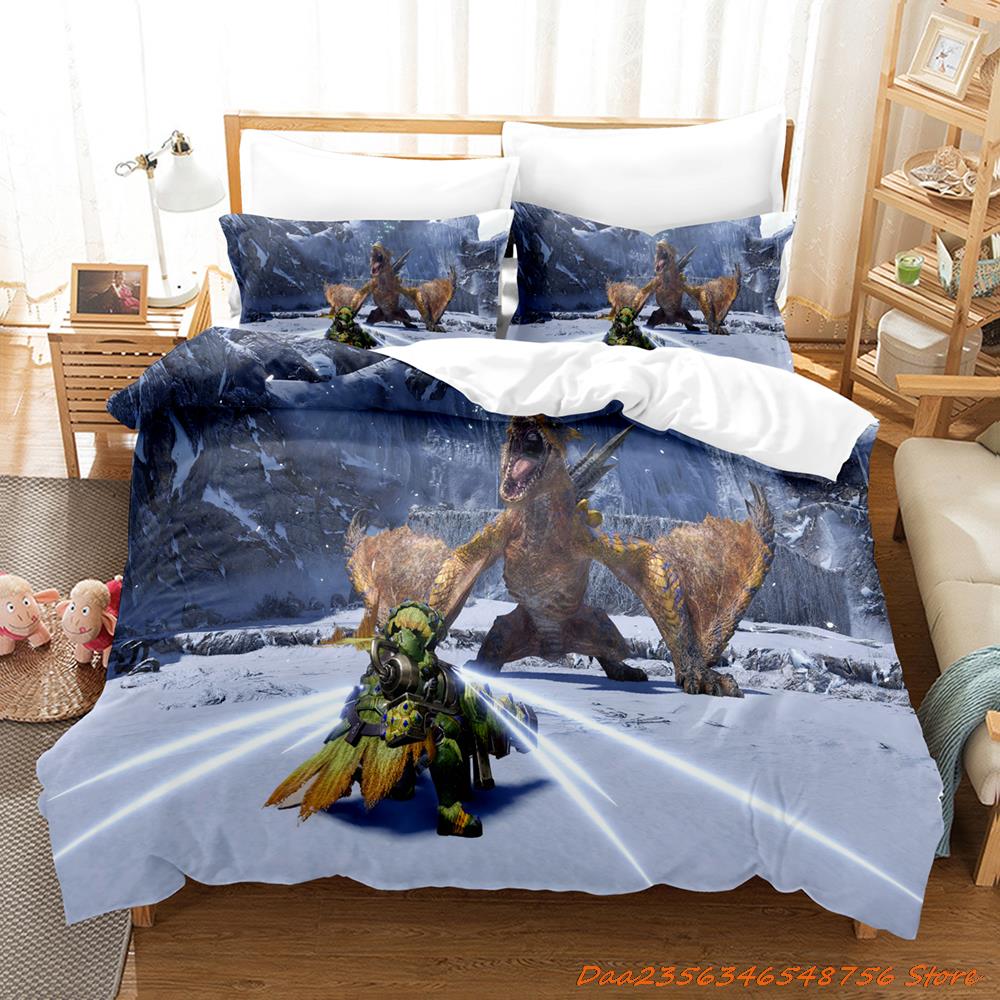 Comforter Personelity Monster Hunter Rise Bedding Set Cartoon Anime Three-Piece Set Adult Kid Bedroom Three-Piece Suits 3D Game Monst