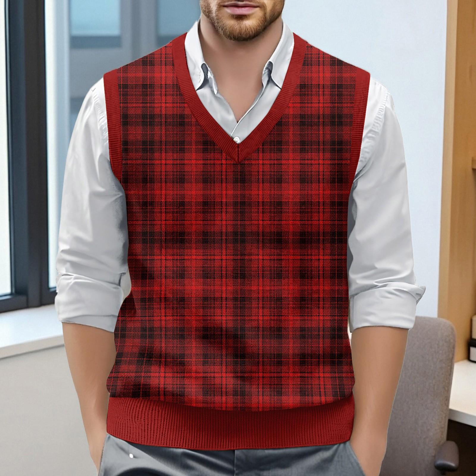 

Мужской жилет без рукавов с клетчатым принтом и V-образным вырезом, вязаный джемпер M винный