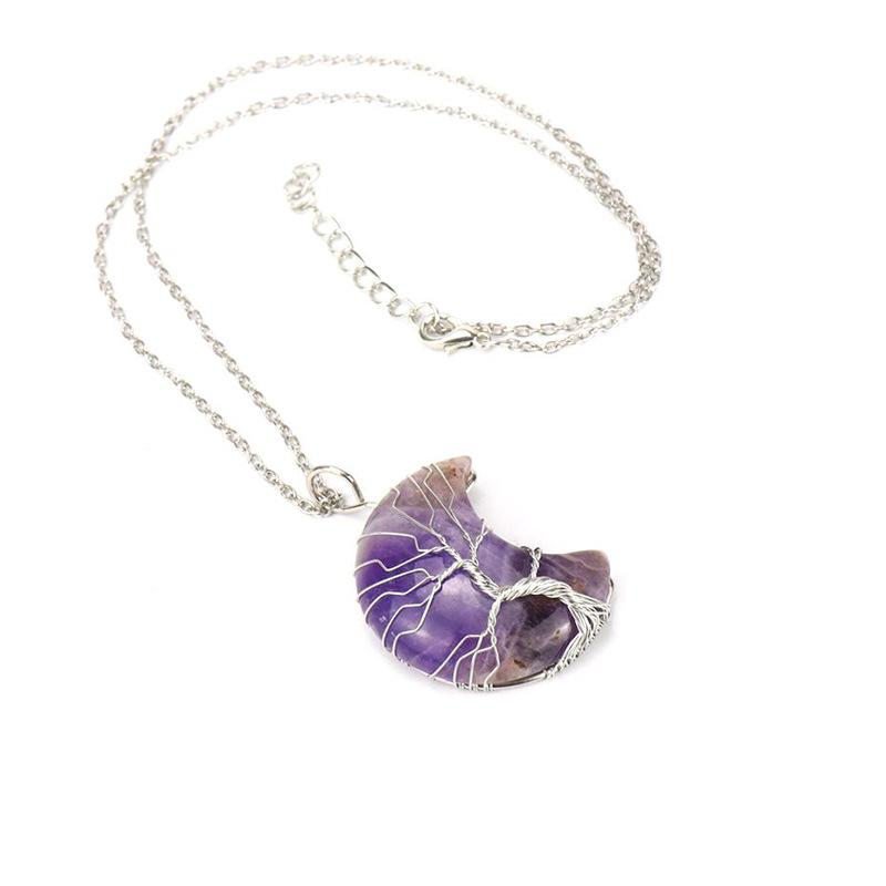 Natural Amethyst Moon Tree Of Life Pendant Necklace Handmade Crystal Fortune Tree Jewelry N512