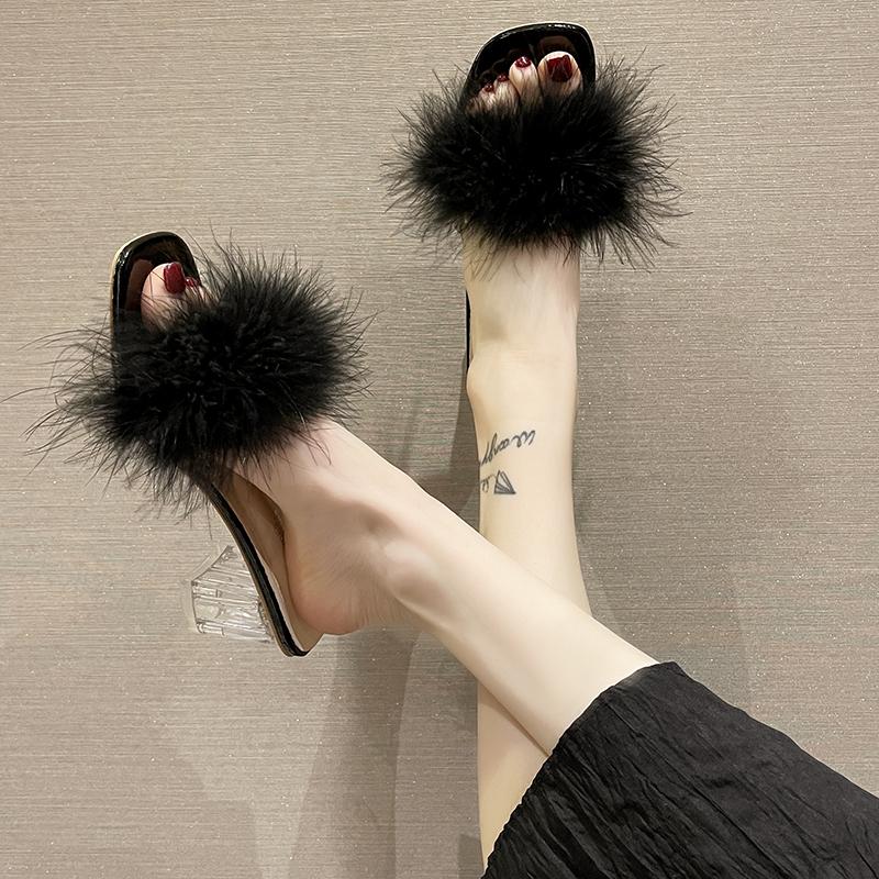 Fashion Aphixta Furry 4.5cm High Heel Slides Sweet Woman Shoes Colorful Fur Design Transportant Heel Slides Sandals Classic Dress Shoes